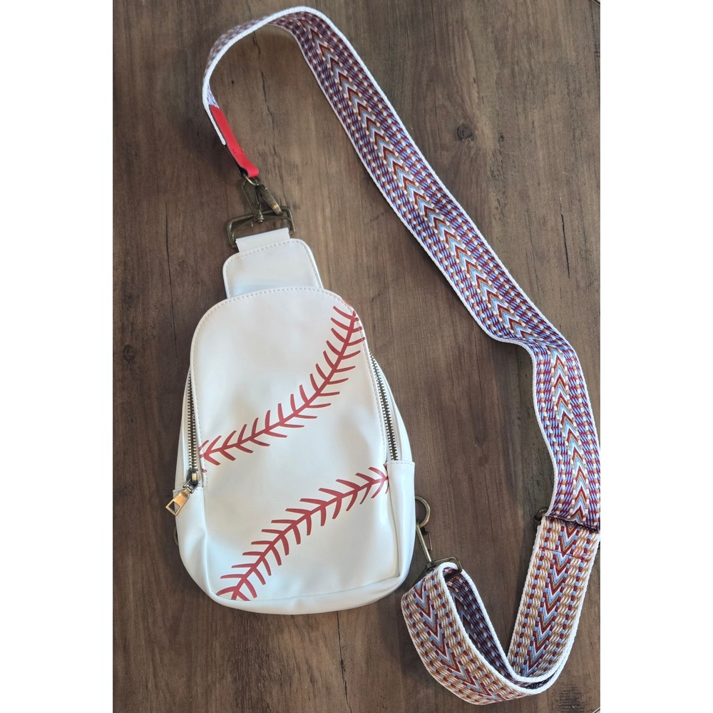 Baseball Print Chest Sling Convertible Crossbody Bag Faux Leather Guitar Strap